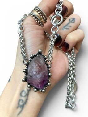 Handmade Genuine raw amethyst crystal maille stainless steel boho goth necklace